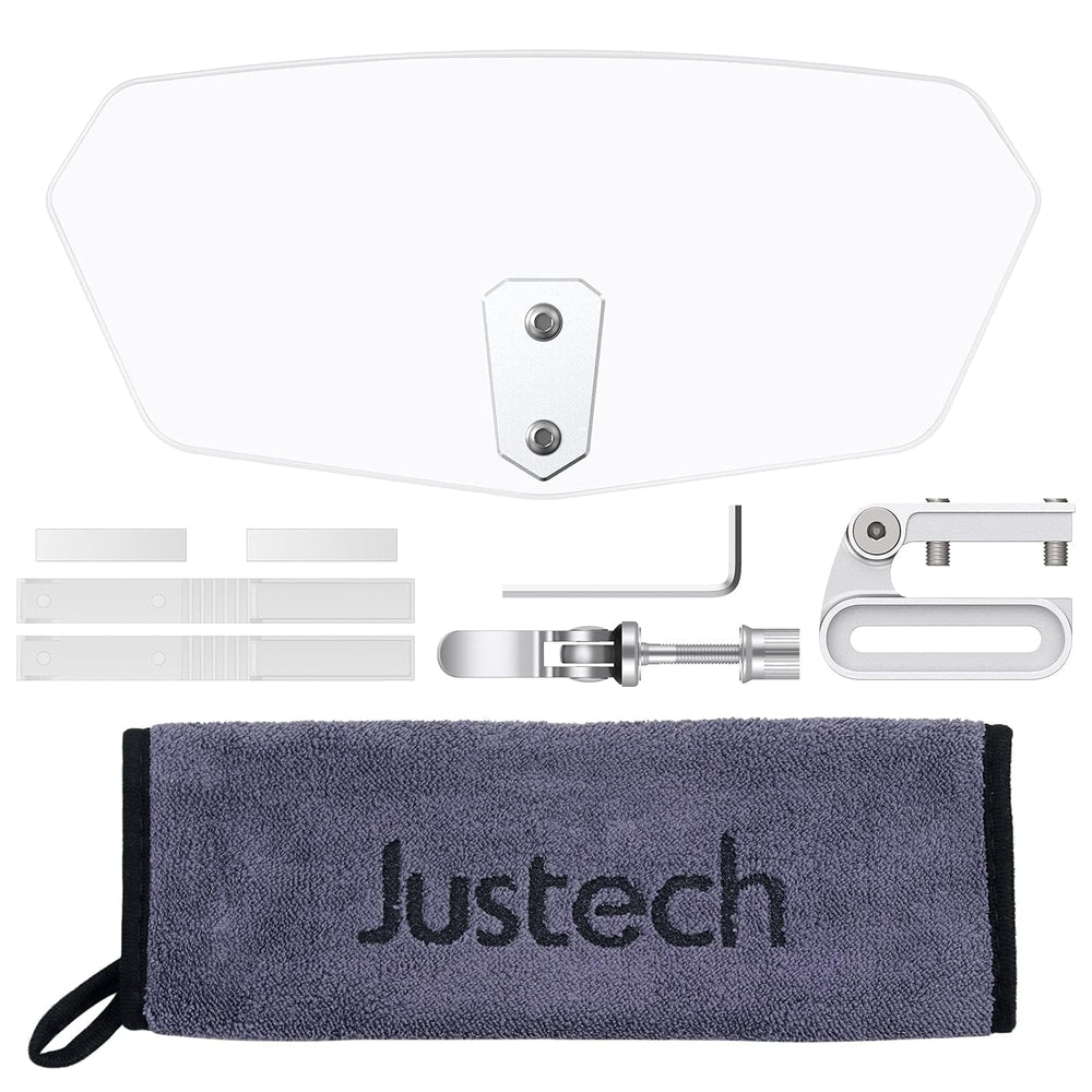 Justech contents laid out showing hardware and microfiber towel
