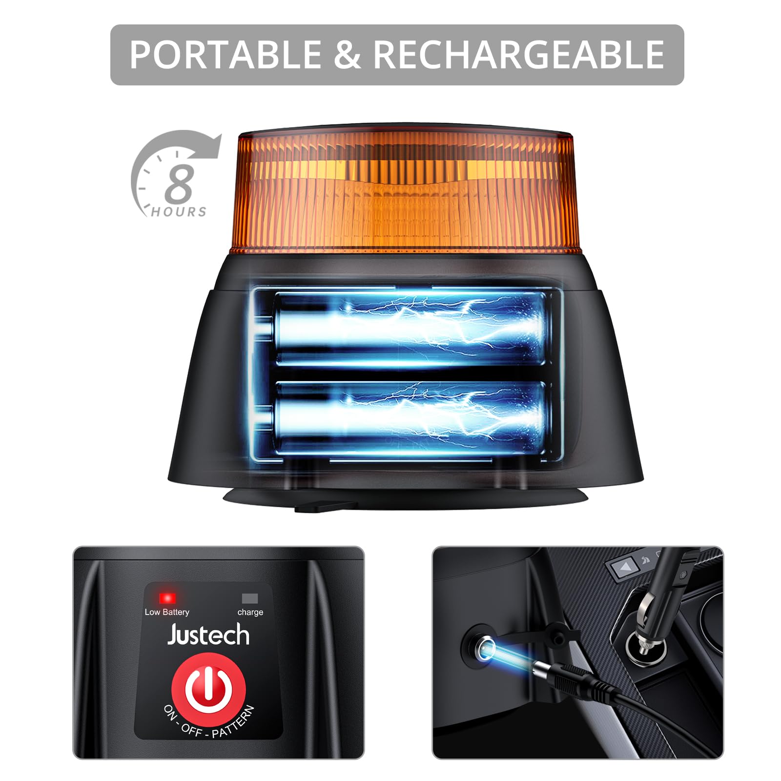Justech vehicle charger and port showing fast recharging convenience