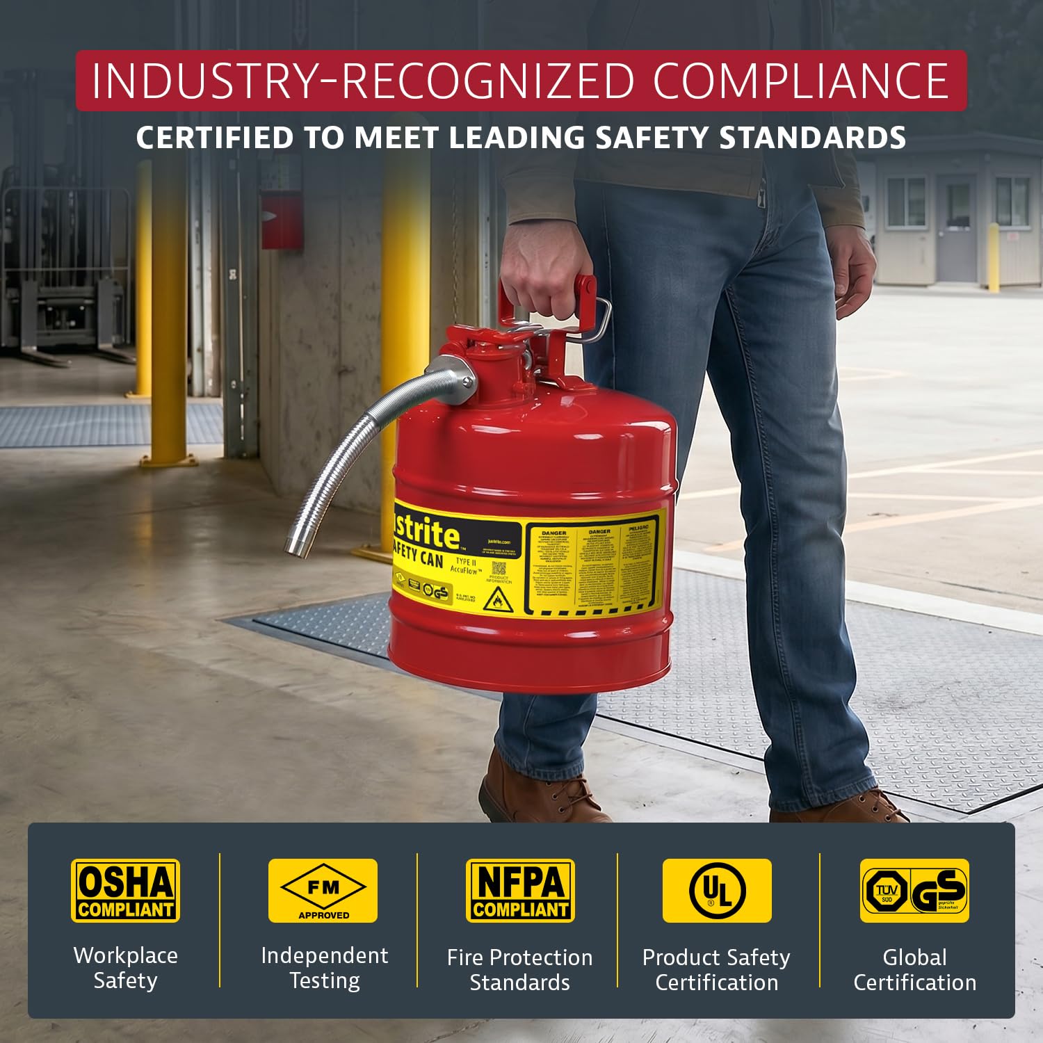 Justrite can handle and Safe‑Squeeze trigger showing ergonomic control for spill reduction