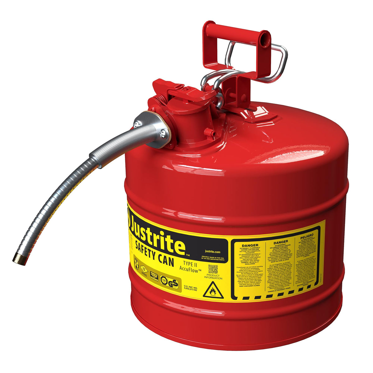 Justrite gasoline can front view showing durable red galvanized finish and clear labeling for safety