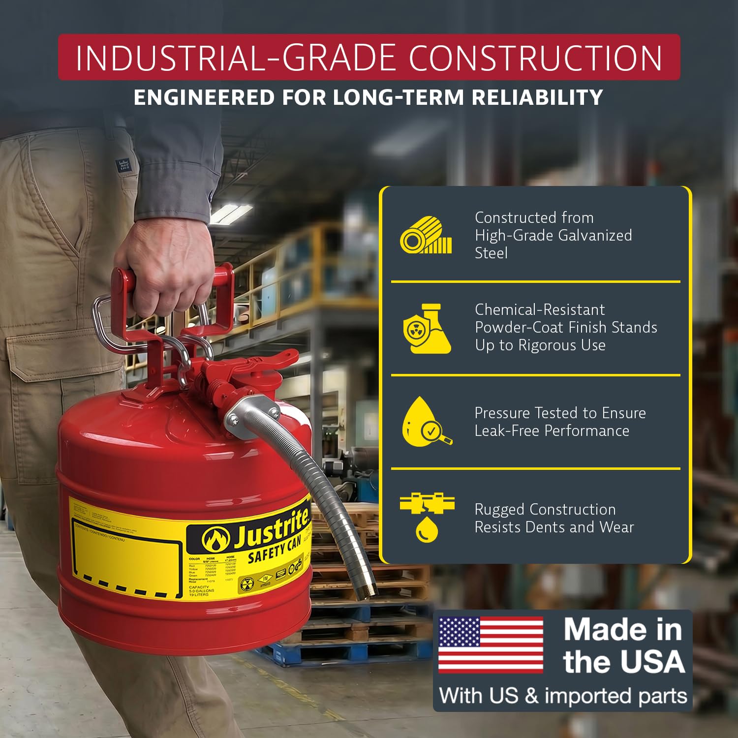 Justrite safety can top fill port and ergonomic handle for faster, easier filling