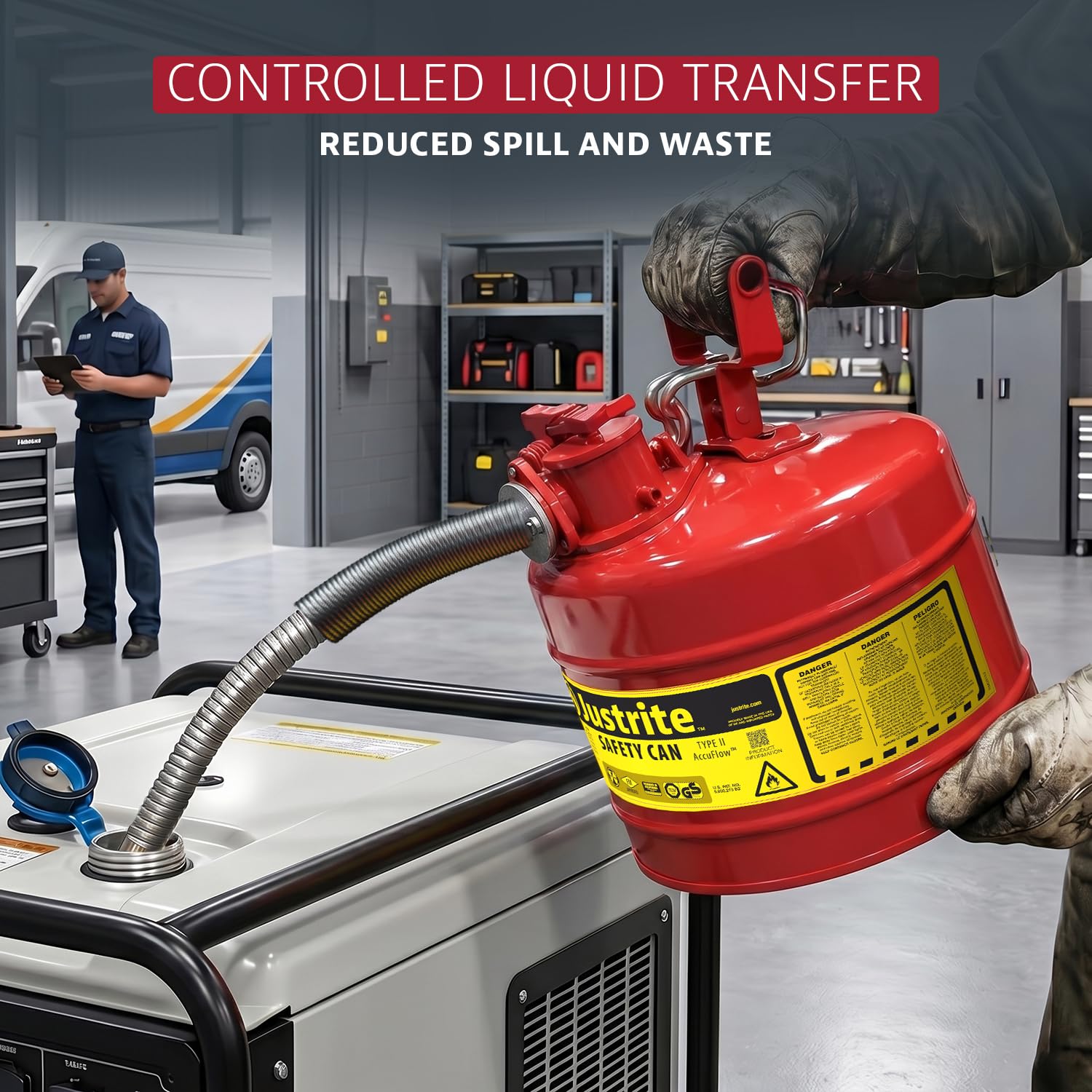 Justrite safety can on a worksite showing compliant storage and convenient fuel transfer