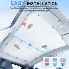 JUSTTOP clips and magnet points securing shade to Model Y roof bezel