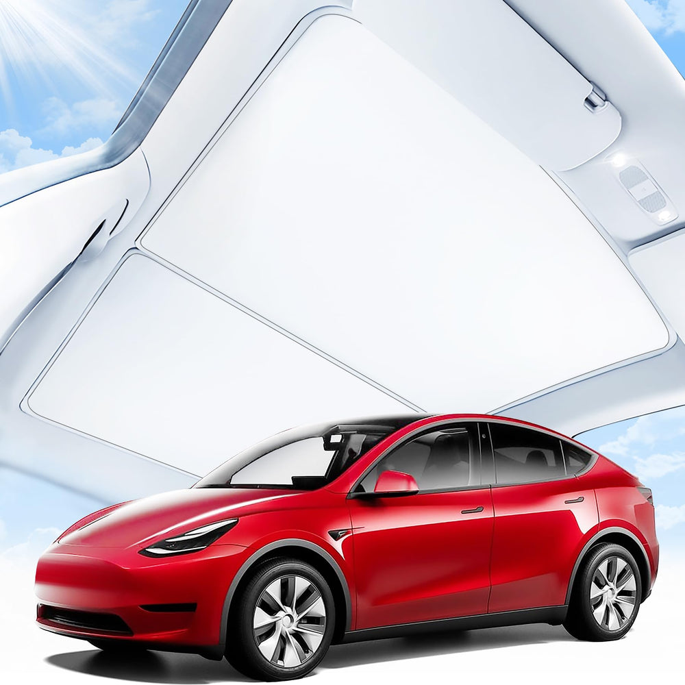 JUSTTOP sunshade installed on Model Y roof showing full coverage and neat fit