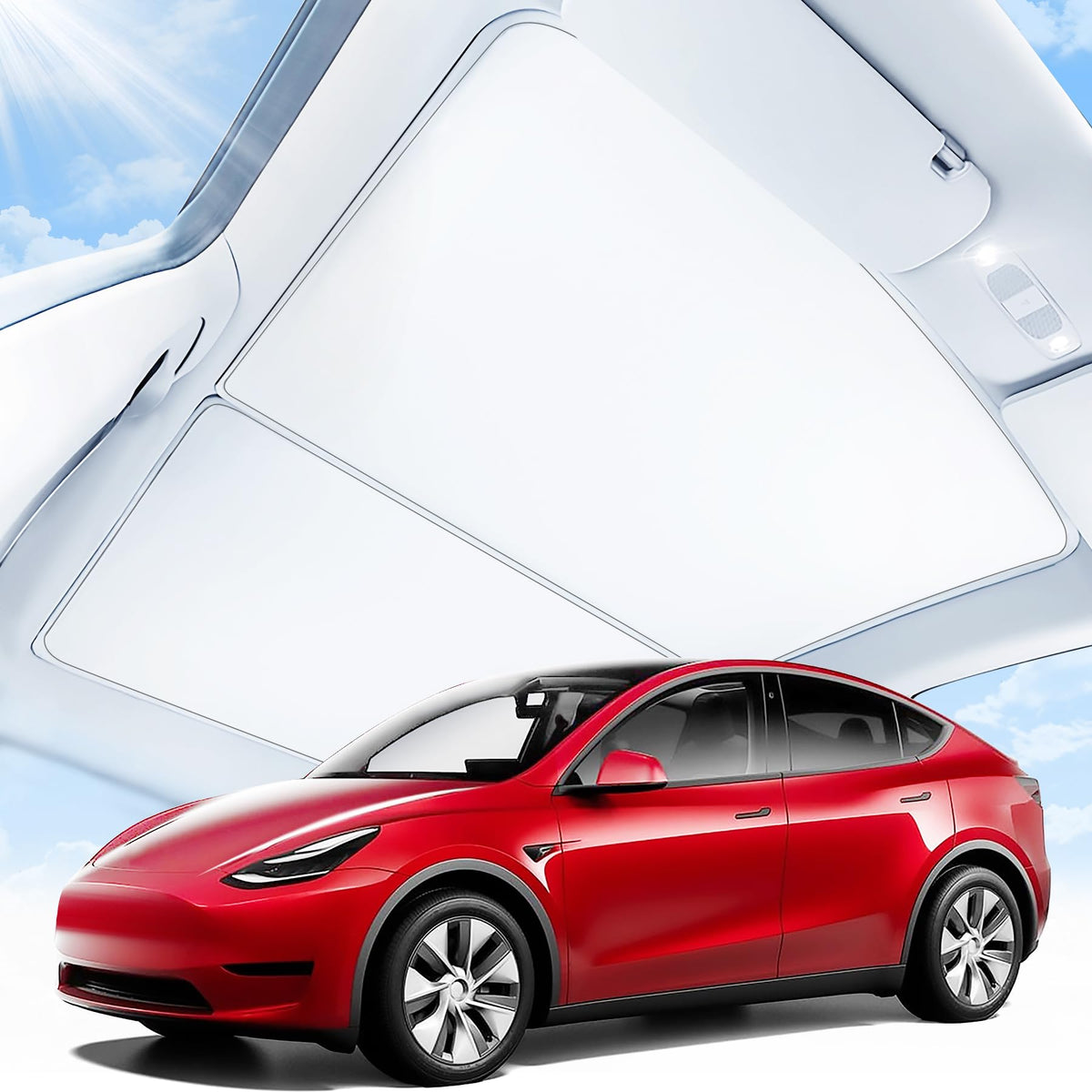JUSTTOP sunshade installed on Model Y roof showing full coverage and neat fit