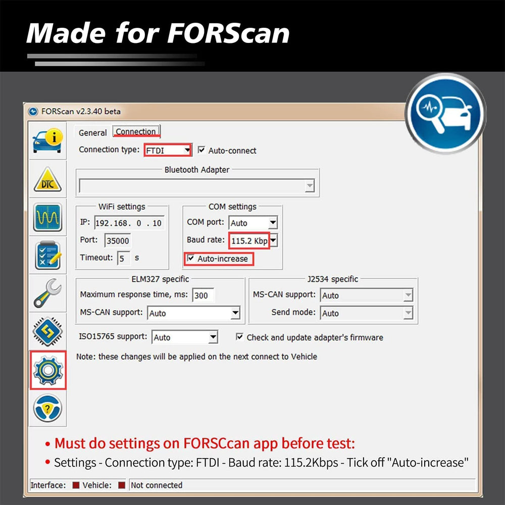 JUTA VLINKER FS connected to laptop in car demonstrating real-time diagnostic use