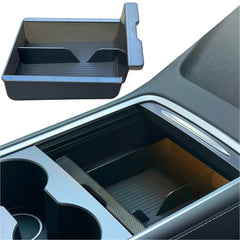 JVMA front view installed in Tesla showing neat organized storage and improved access