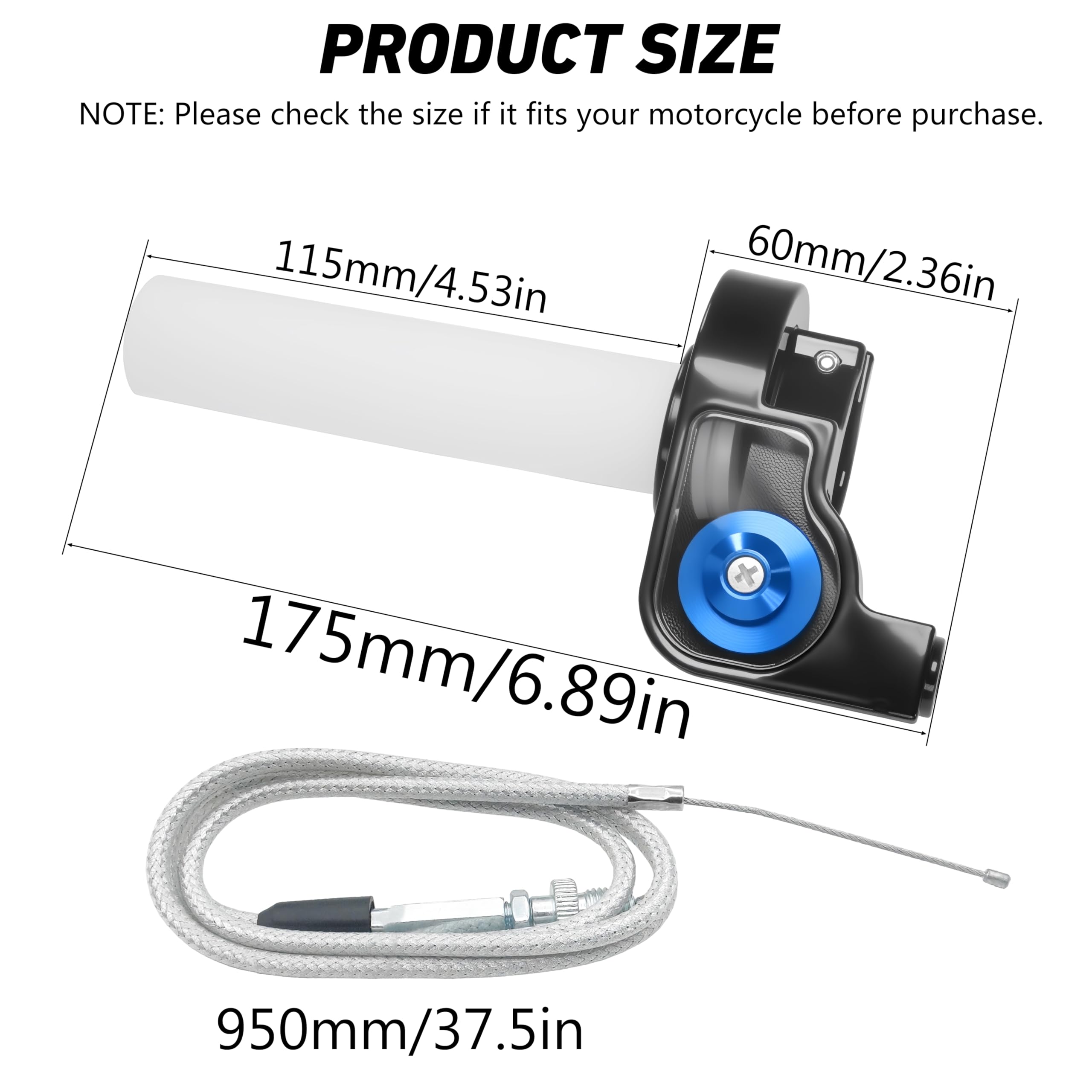 JXPANG throttle with cable alongside ruler showing included length