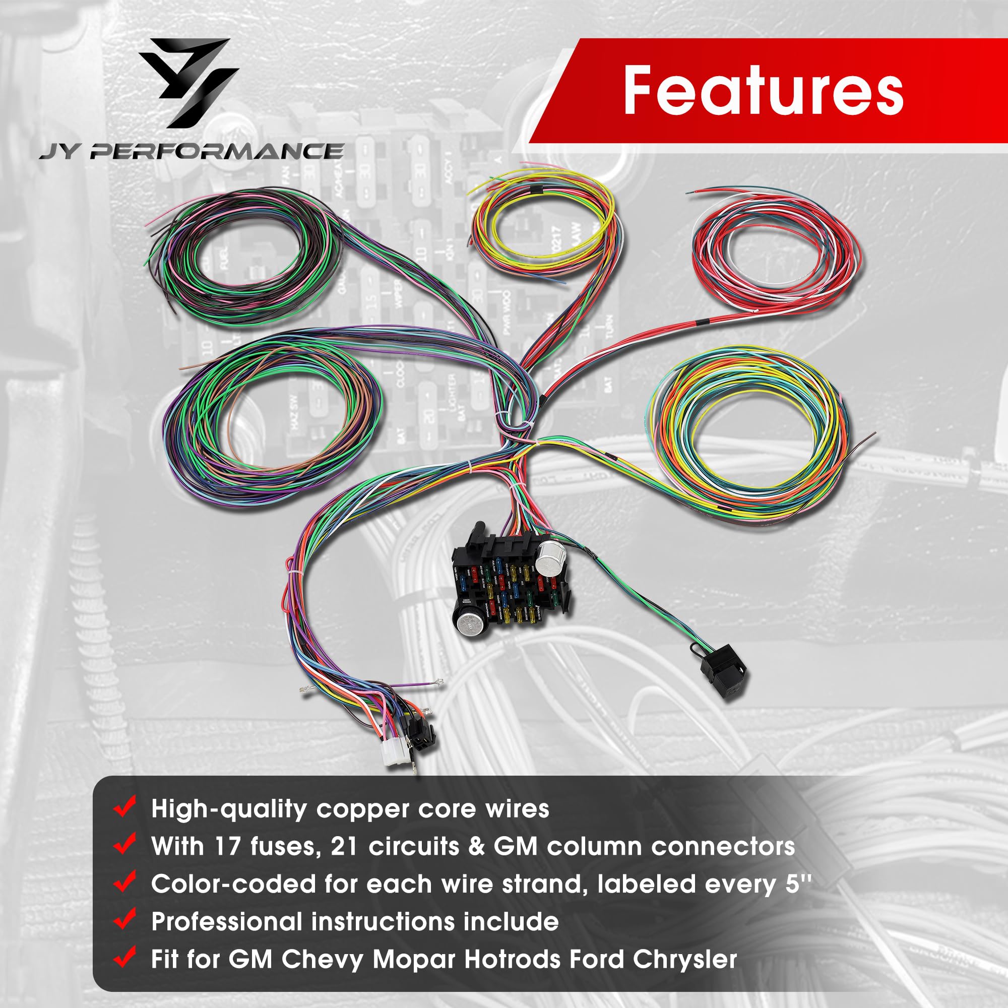 JY PERFORMANCE close-up of 17 fuse panel providing circuit protection and easy swapping