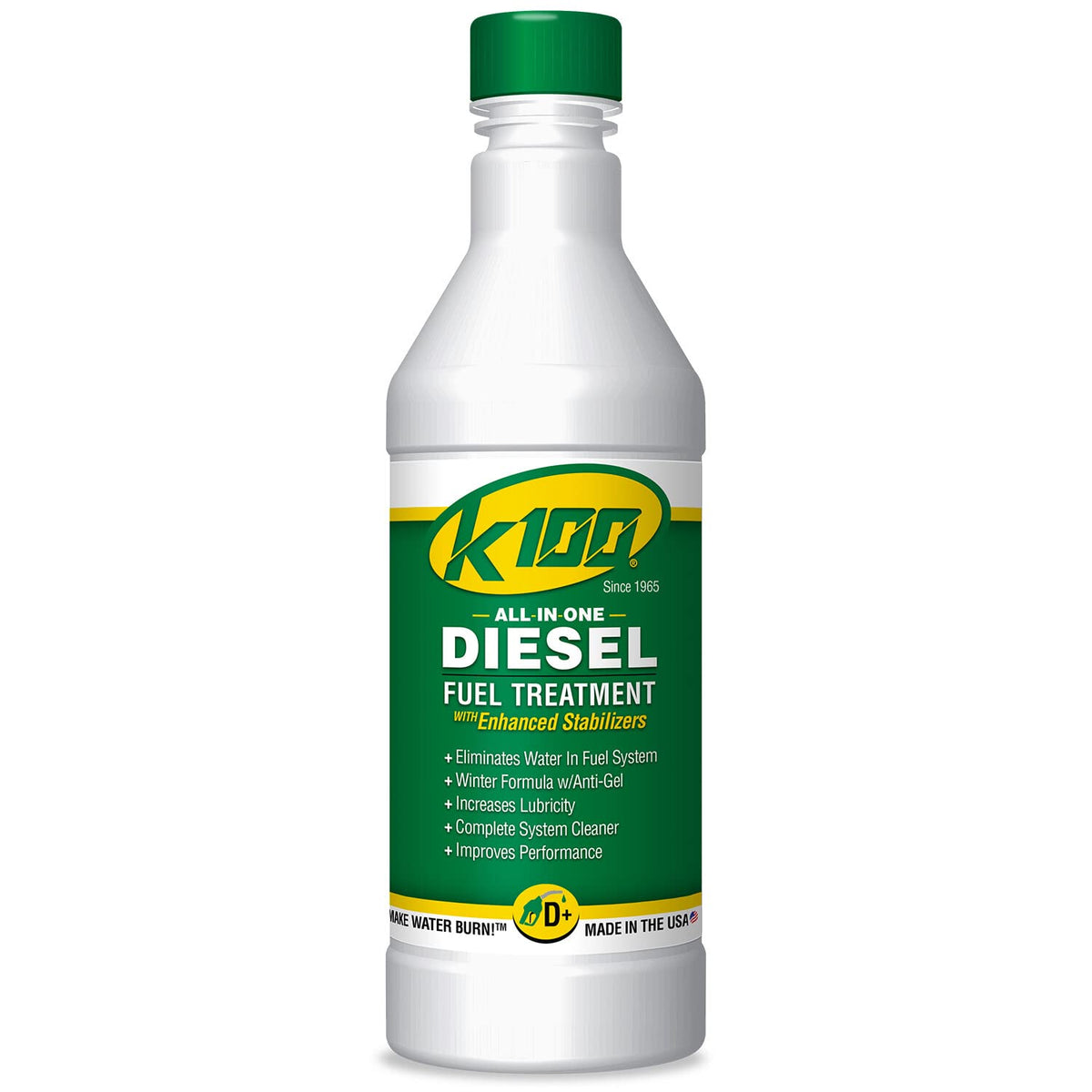 K-100 front view quart bottle showing label and easy-pour cap for clean fuel