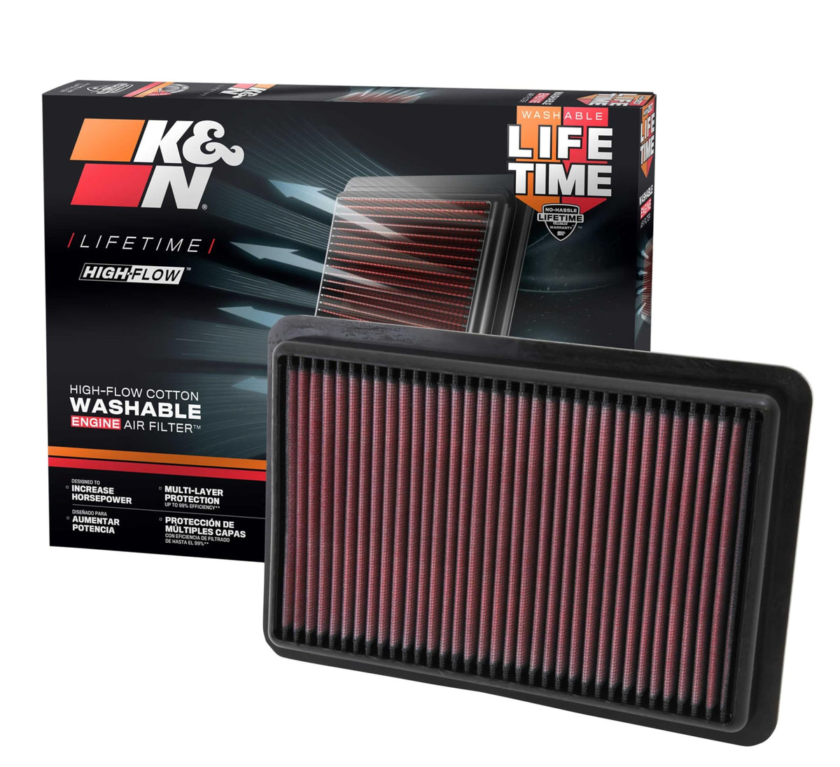 K&N filter front packaging showing model and fitment benefits