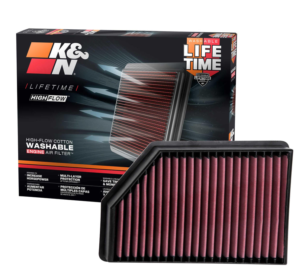 K&N front packaging showing model 33-5098 and fitment benefits