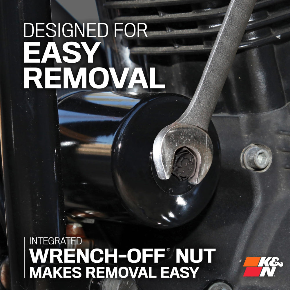 K&N close-up of welded wrench-off nut enabling fast oil changes and secure removal