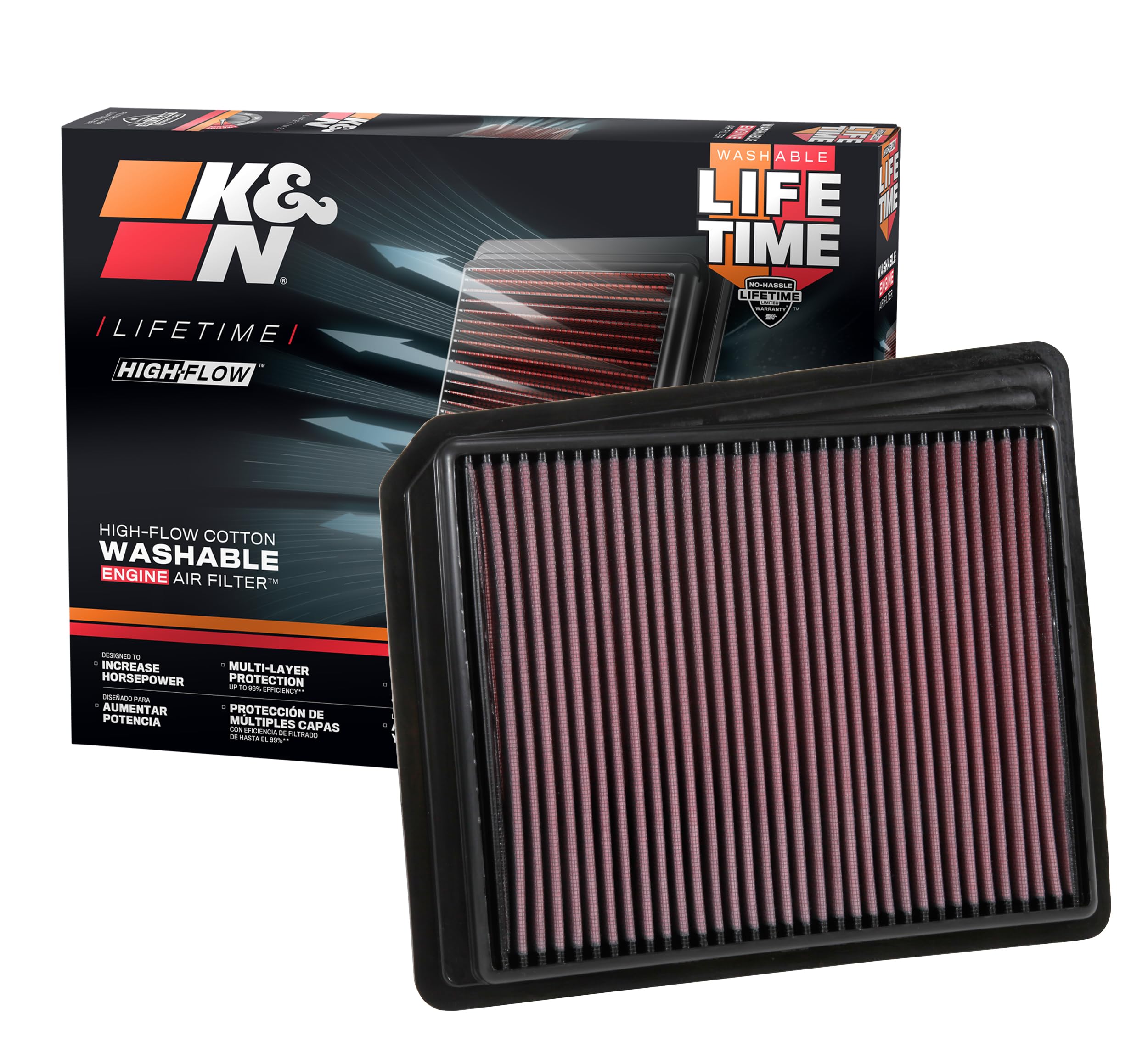K&N front packaging showing model 33-5062 and fitment benefit