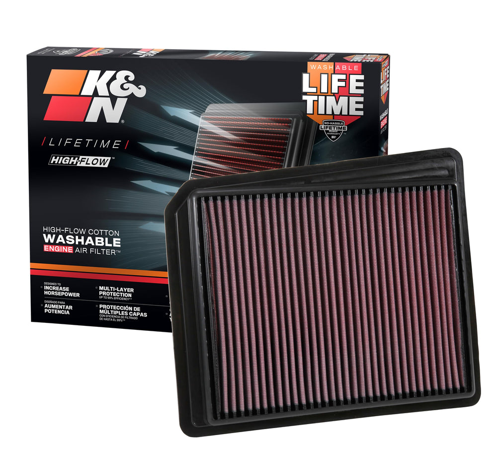 K&N front packaging showing model 33-5062 and fitment benefit