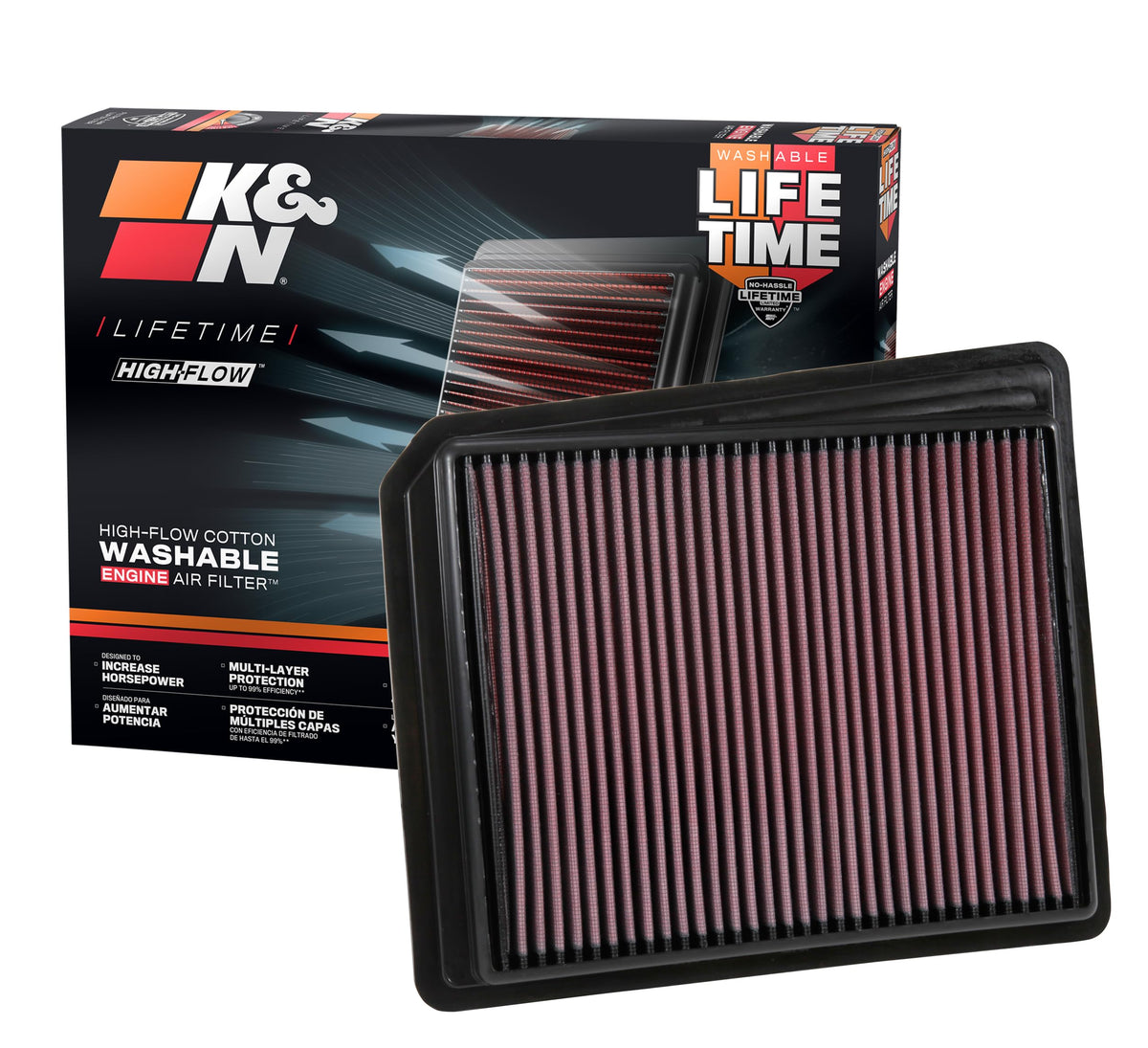 K&N front packaging showing model 33-5062 and fitment benefit