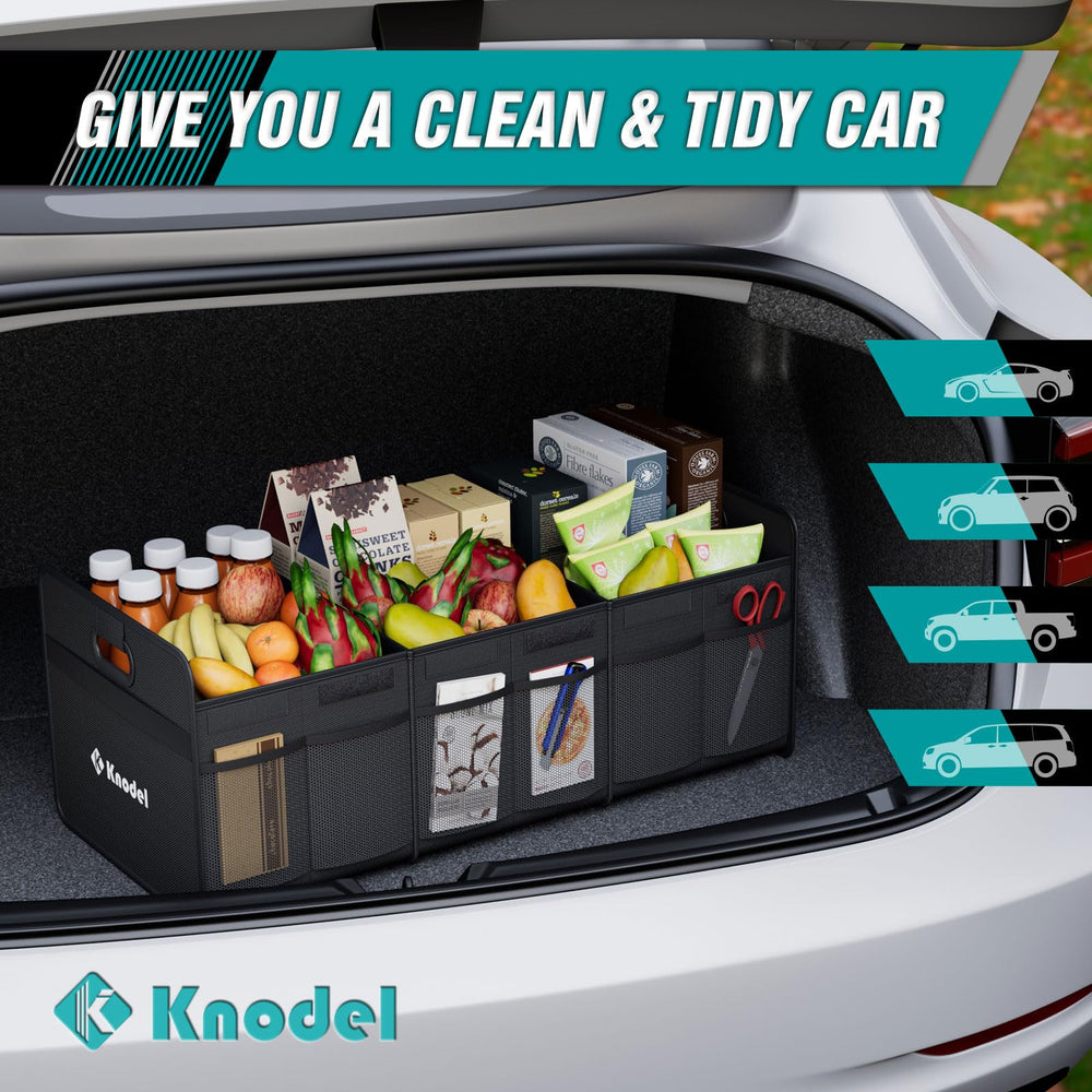 K KNODEL placed in a car trunk illustrating tidy, secure transport