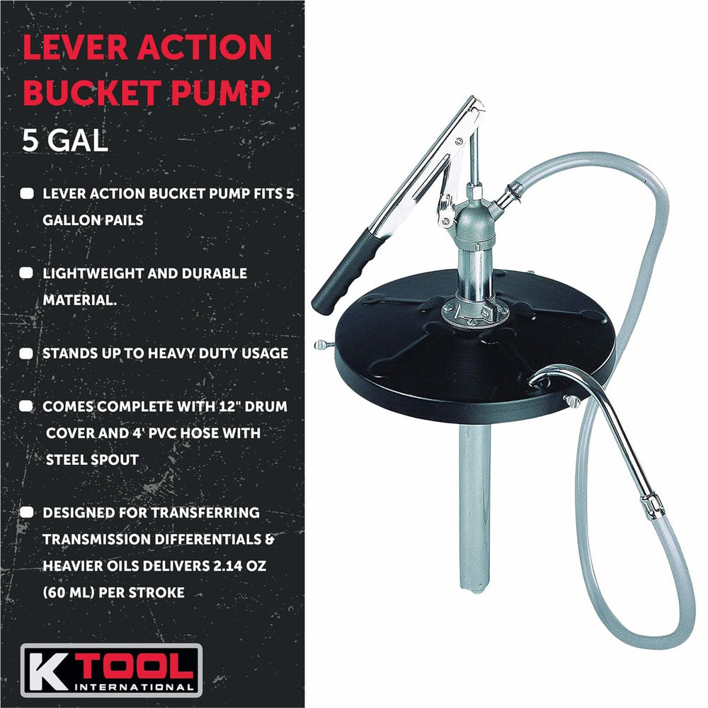 K Tool International pump installed in a 5-gallon pail showing proper fit and stability