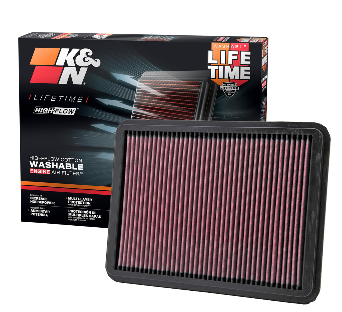 K&N front packaging 33-2144 showing ready-to-install filter benefit increased airflow
