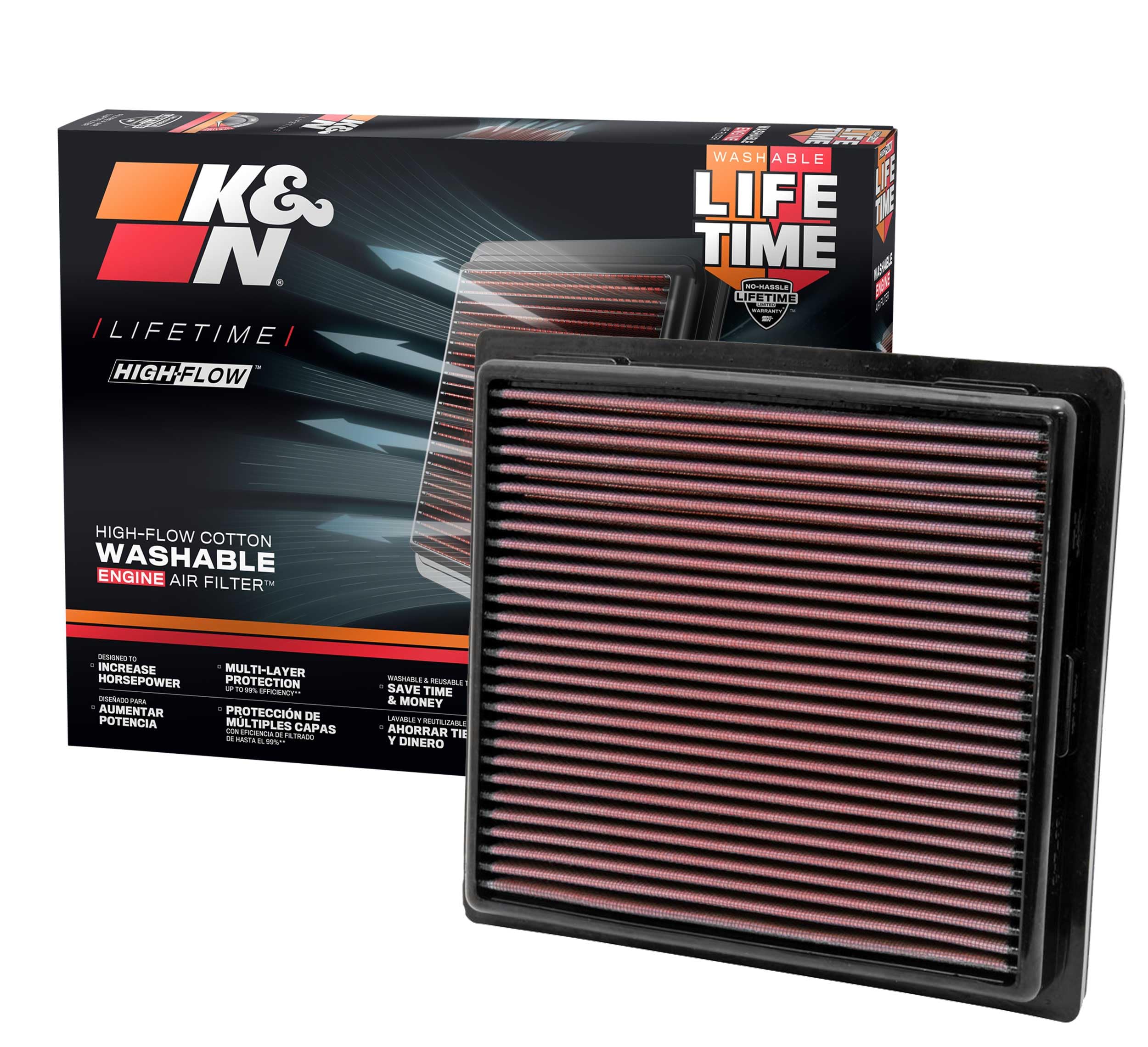 K&N front packaging showing model 33-2457 and compatibility for easy identification