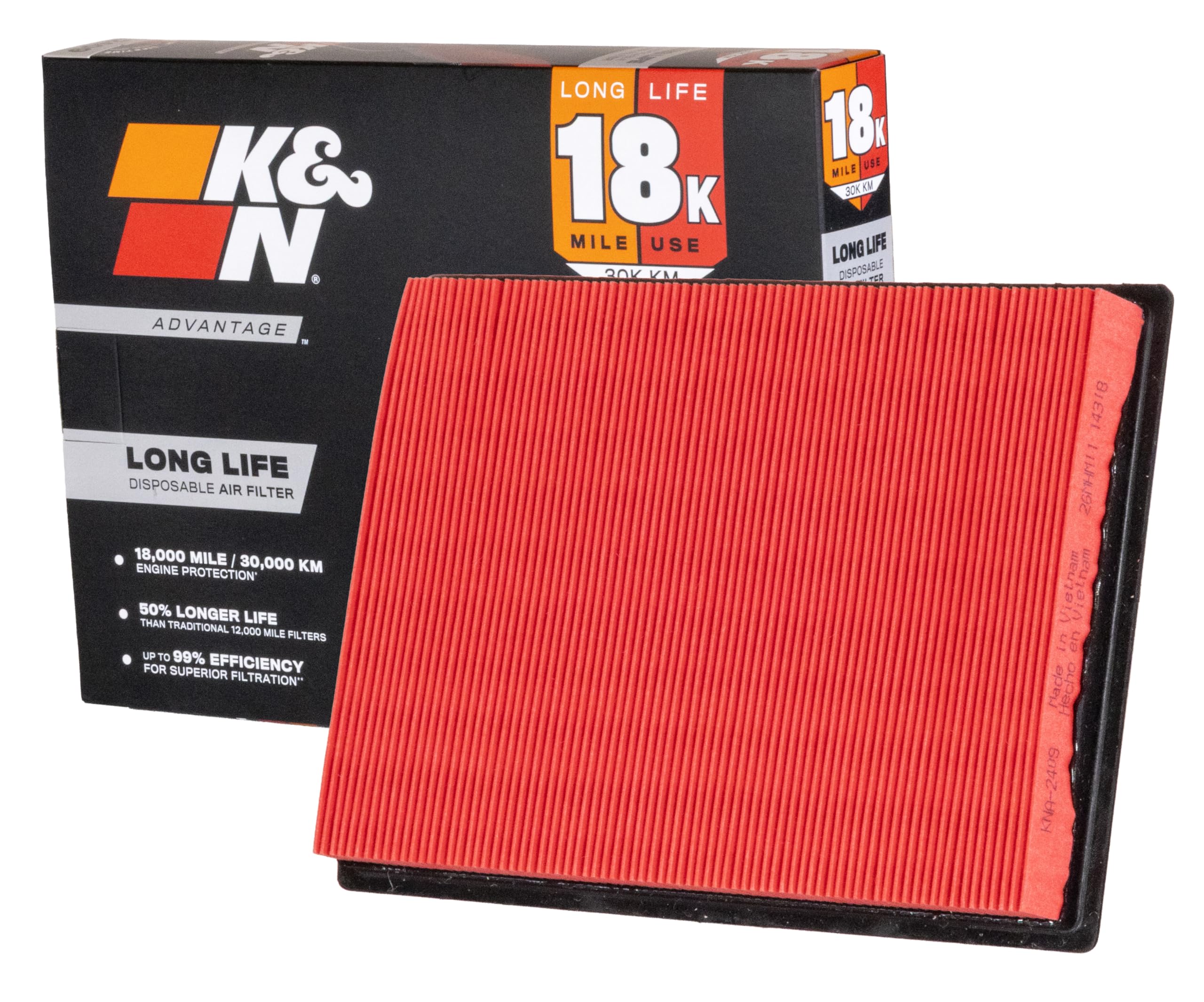 K&N front packaging KNA-2409 showing model and long-life benefit