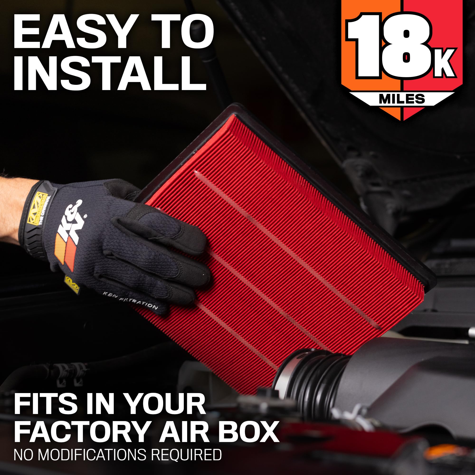 K&N filter installed in factory air box for quick replacement benefit