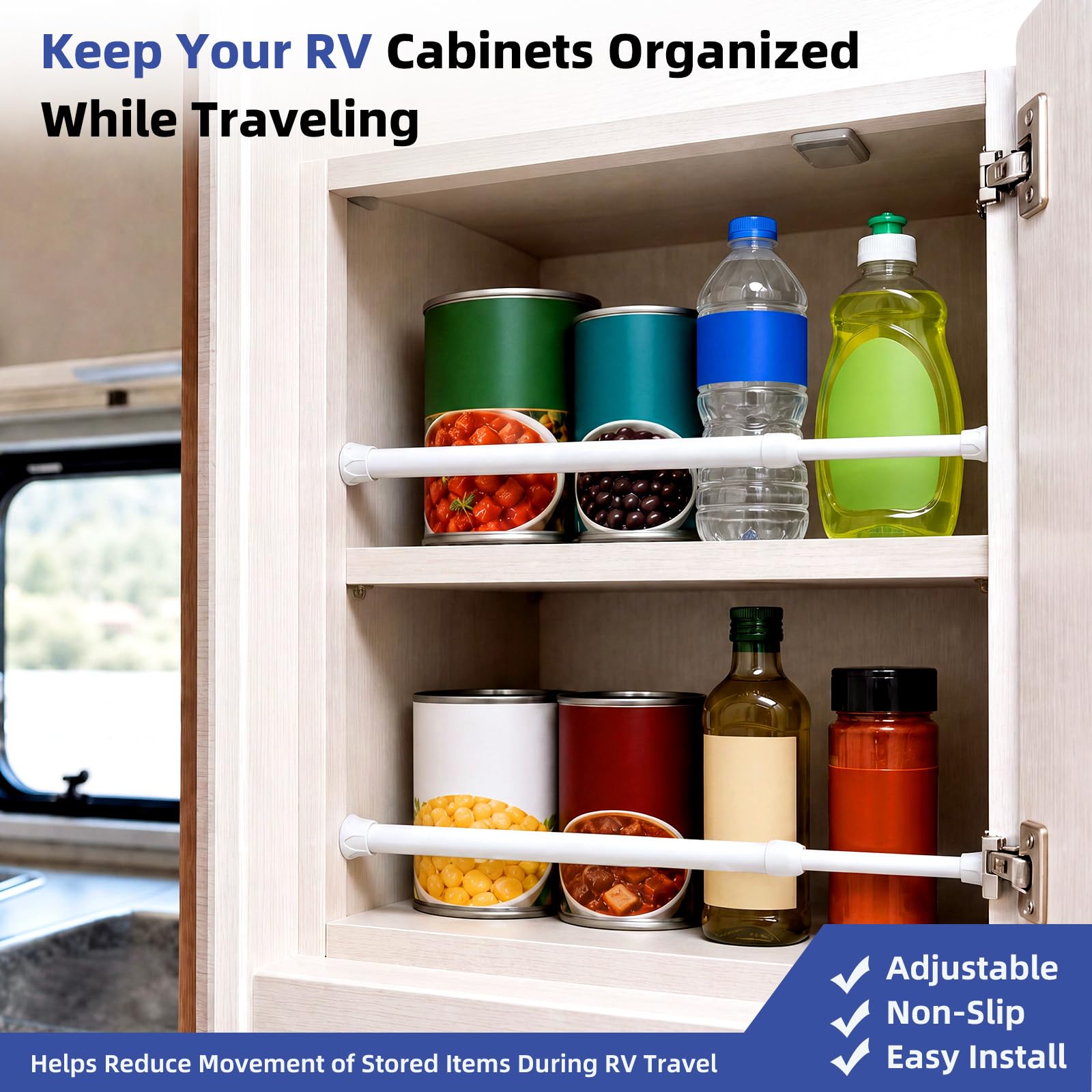 Kadrama rod used as a cabinet divider to prevent items sliding