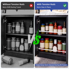 Kadrama rod placed in an RV refrigerator keeping jars steady