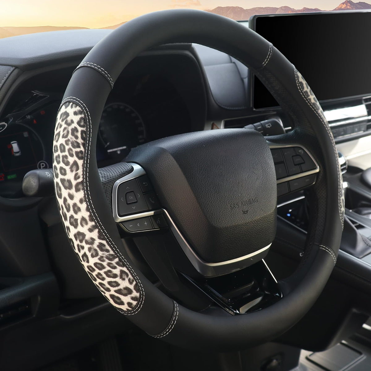 KAFEEK front view of leopard steering wheel cover showing pattern and fit benefits