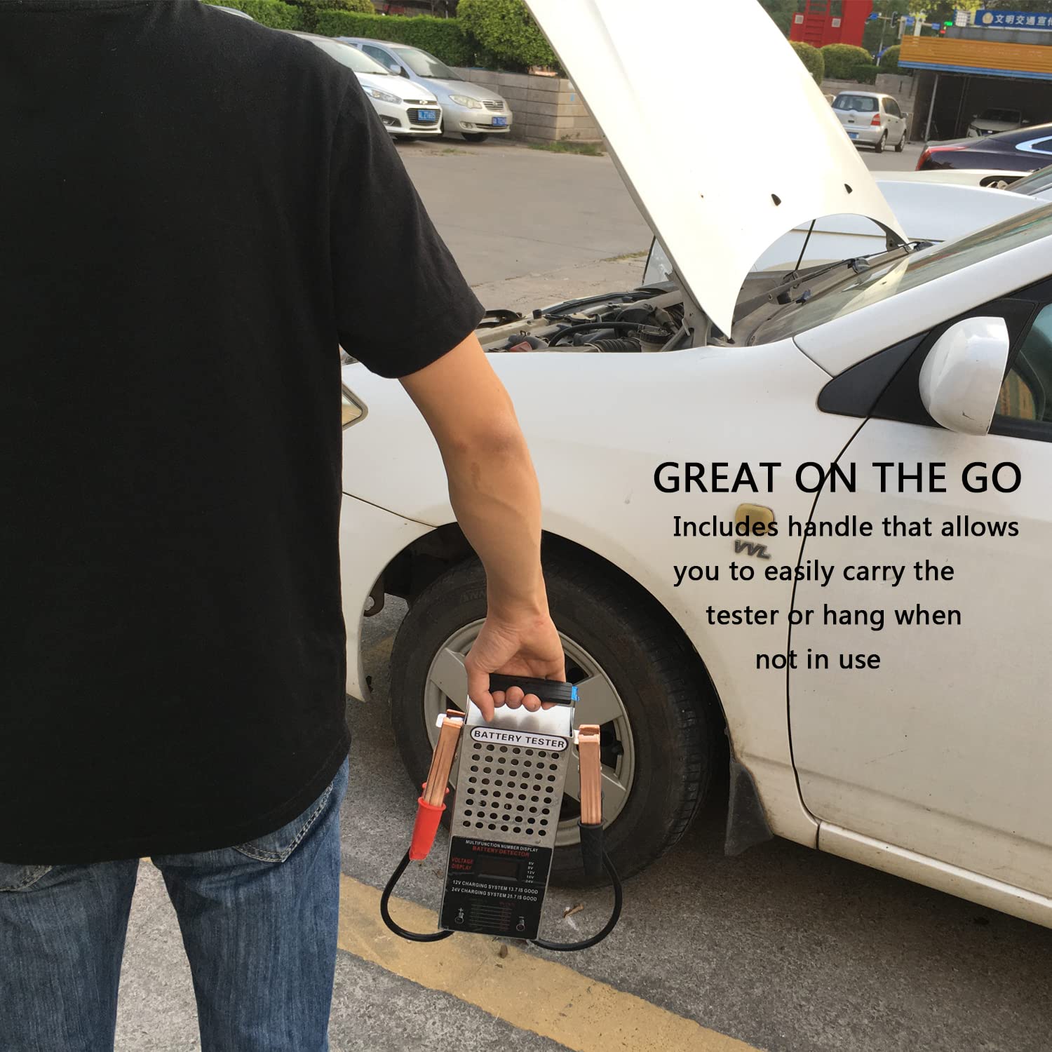 KAIHENG in use clipped to a car battery demonstrating fast roadside testing