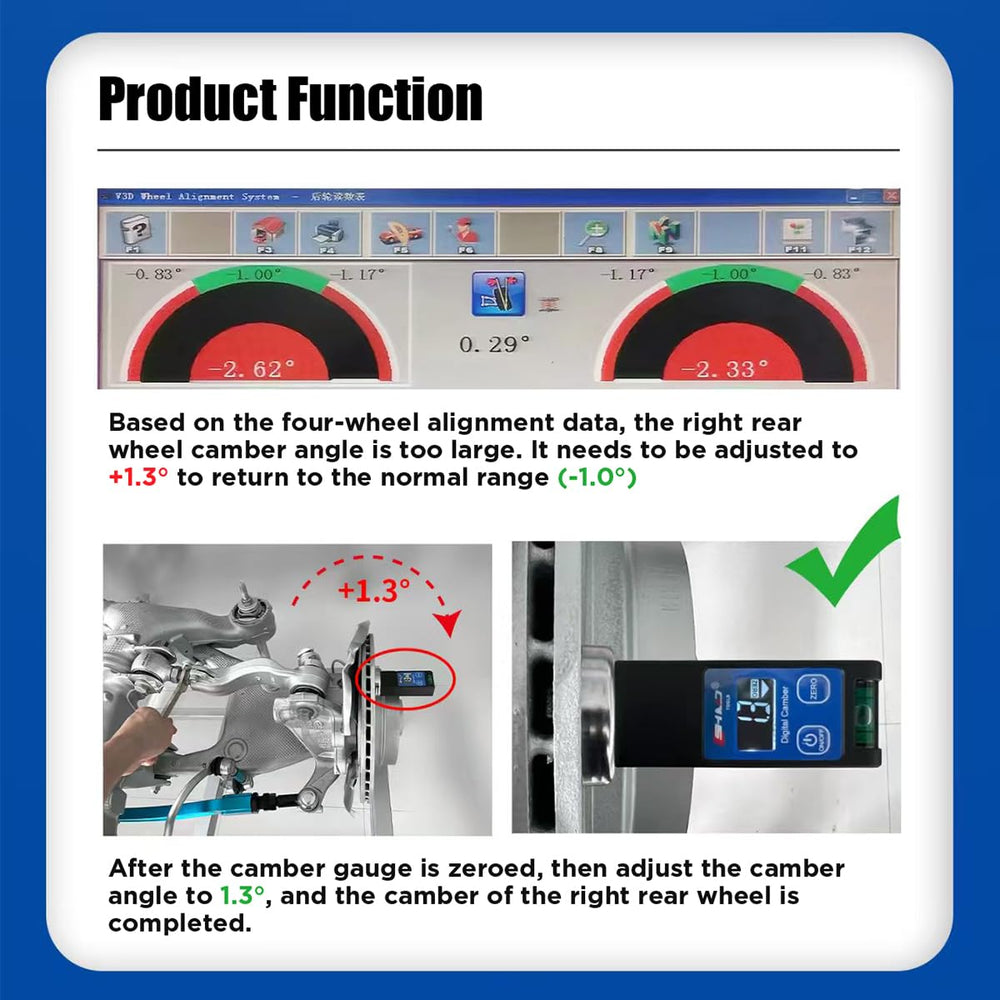 KAISAL camber gauge aluminum body close-up illustrating durable construction benefit
