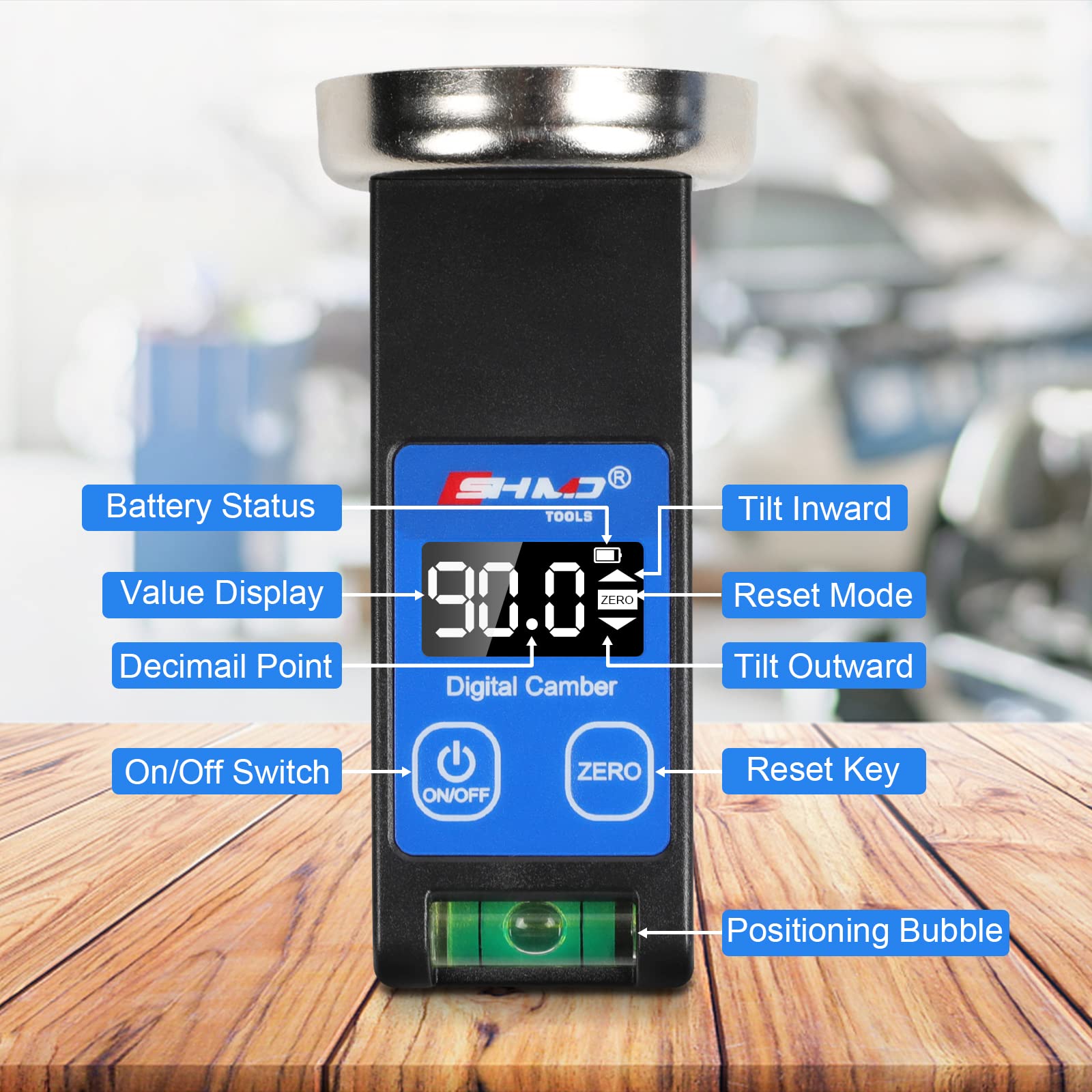 KAISAL camber gauge in a garage setting for professional workshop convenience
