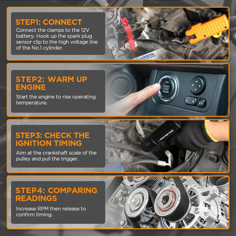 KAISAL timing light in use on motorcycle engine for fast accurate ignition checks