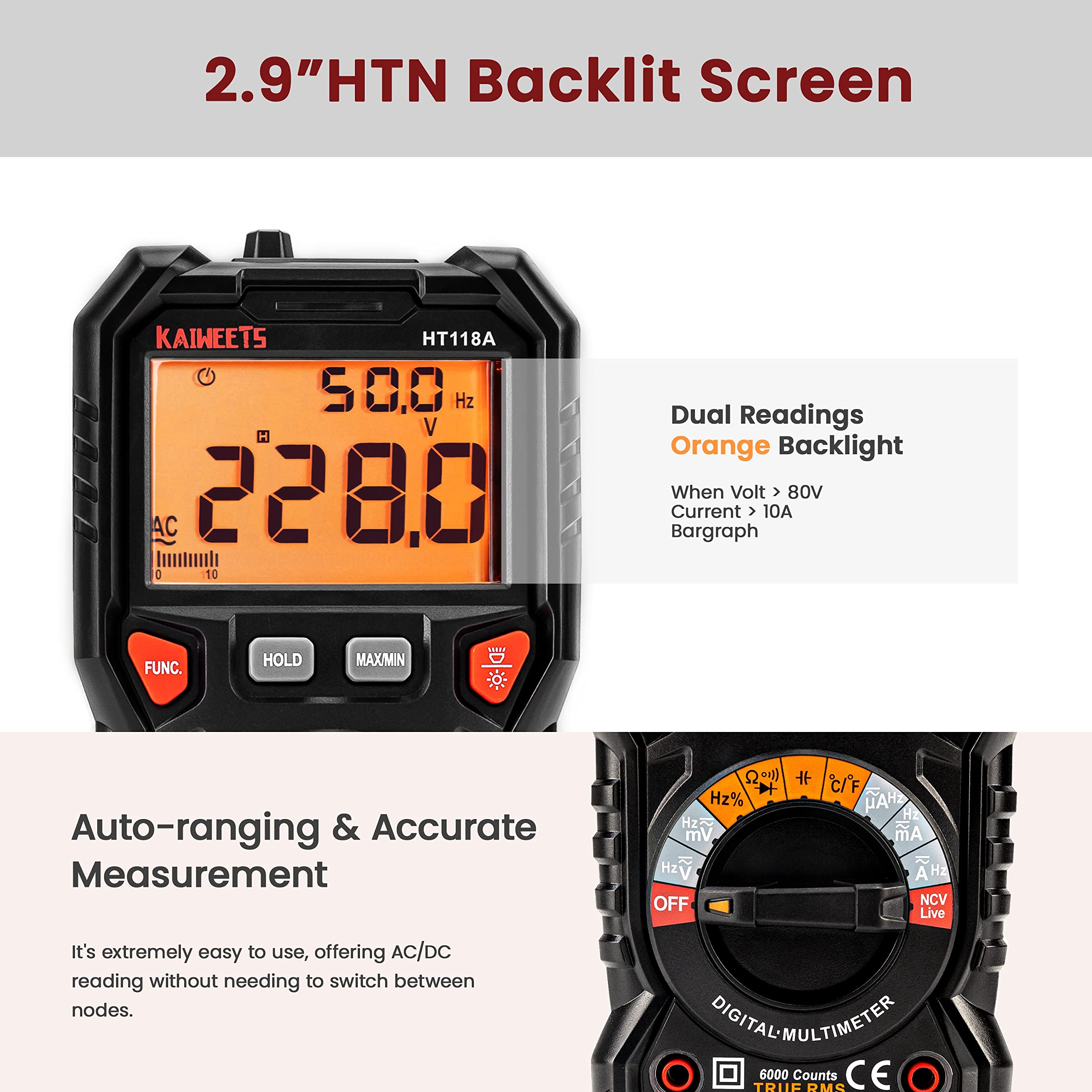 KAIWEETS meter with test leads and thermocouple ready for automotive diagnostics