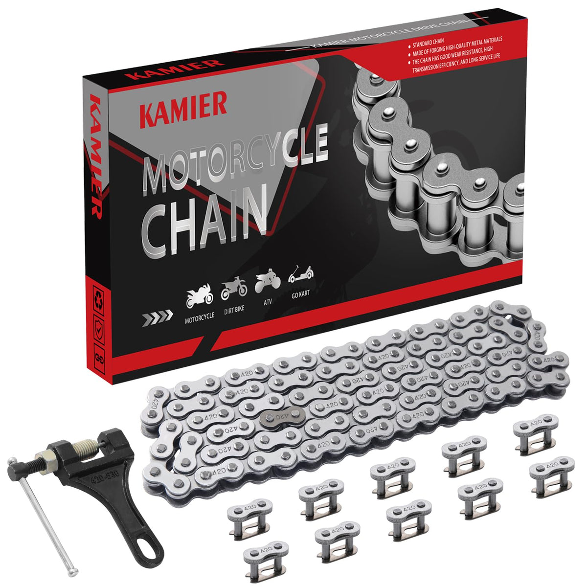 KAMIER front packaging showing 420 chain kit and included tools, easy replacement