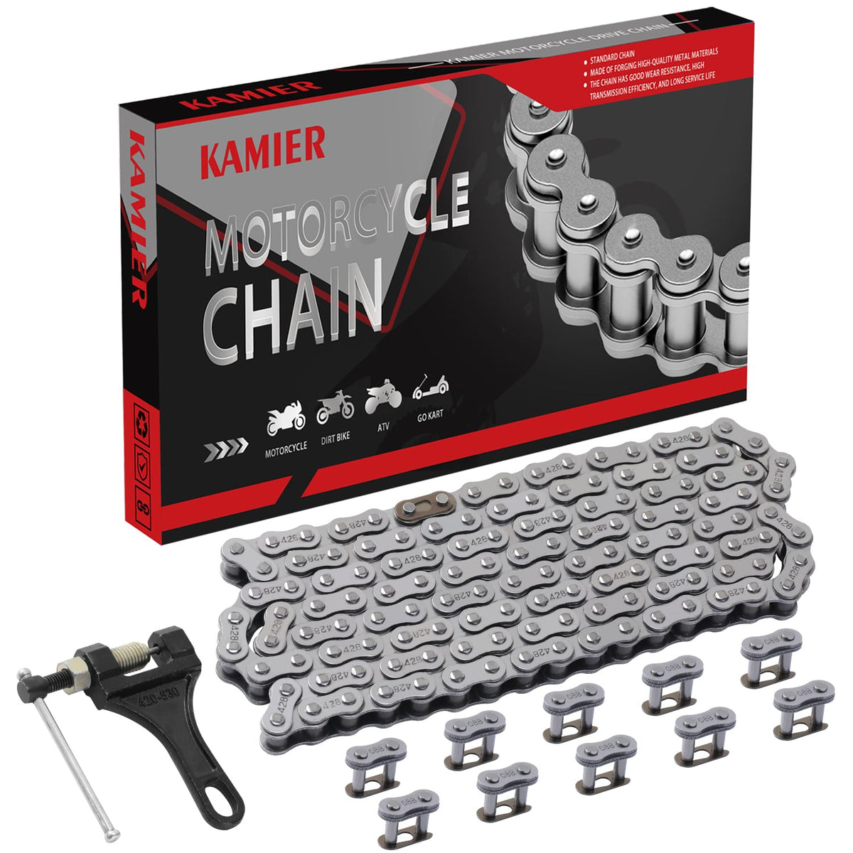 KAMIER chain front packaging showing full 132 links and included tools for easy replacement