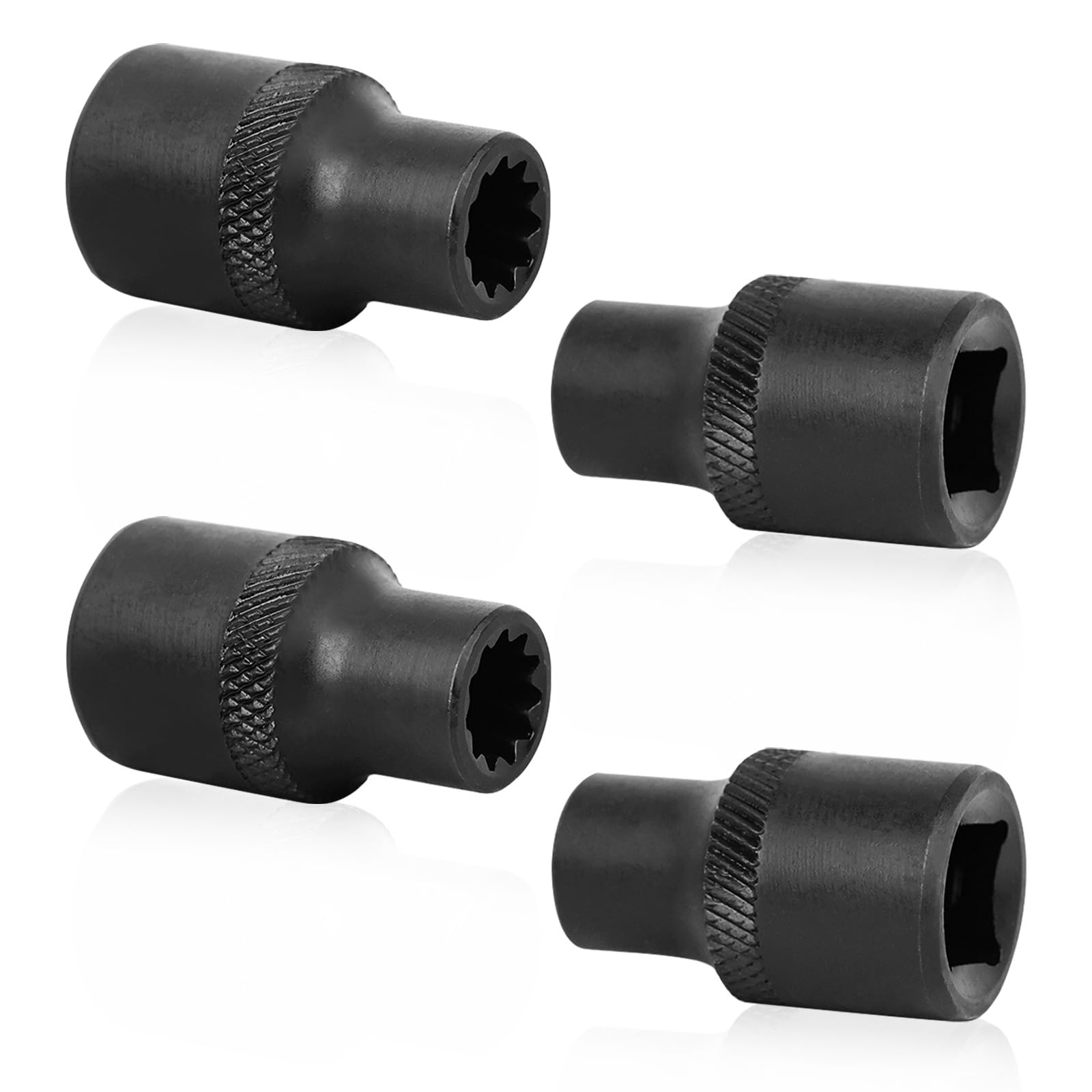 Kamrexi front view of four 3/8" 11-point sockets showing full kit and compact size benefit