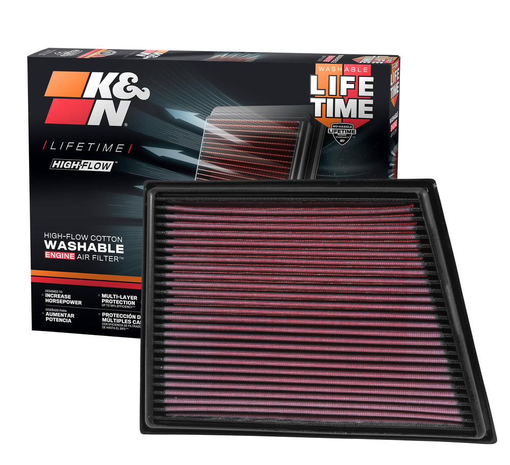 K&N front packaging showing reusable air filter benefits