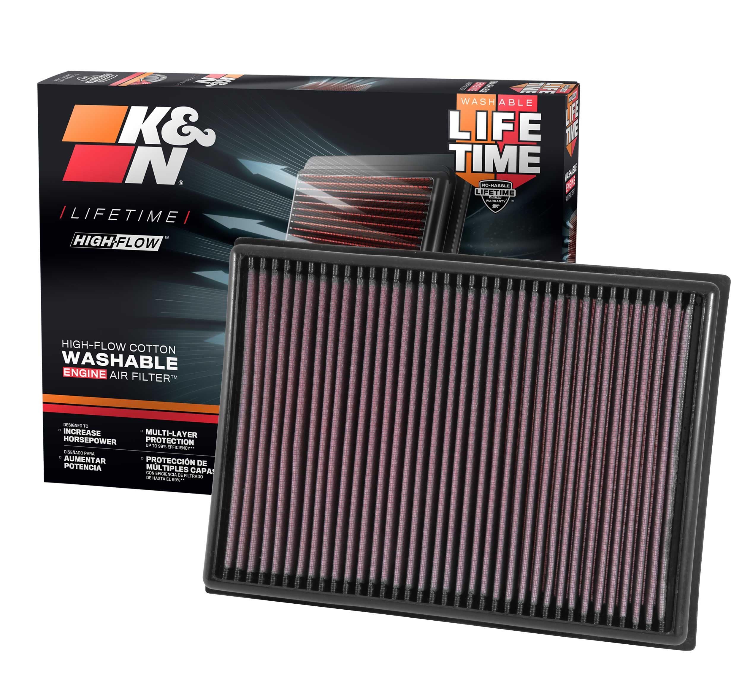 K&N front packaging showing product and model number for easy identification