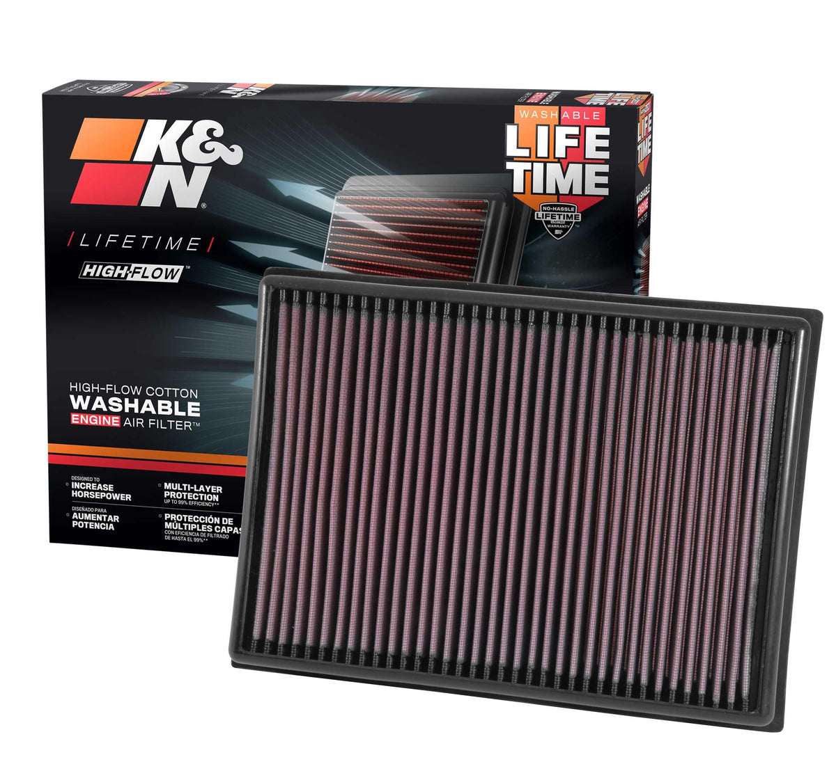 K&N front packaging showing product and model number for easy identification