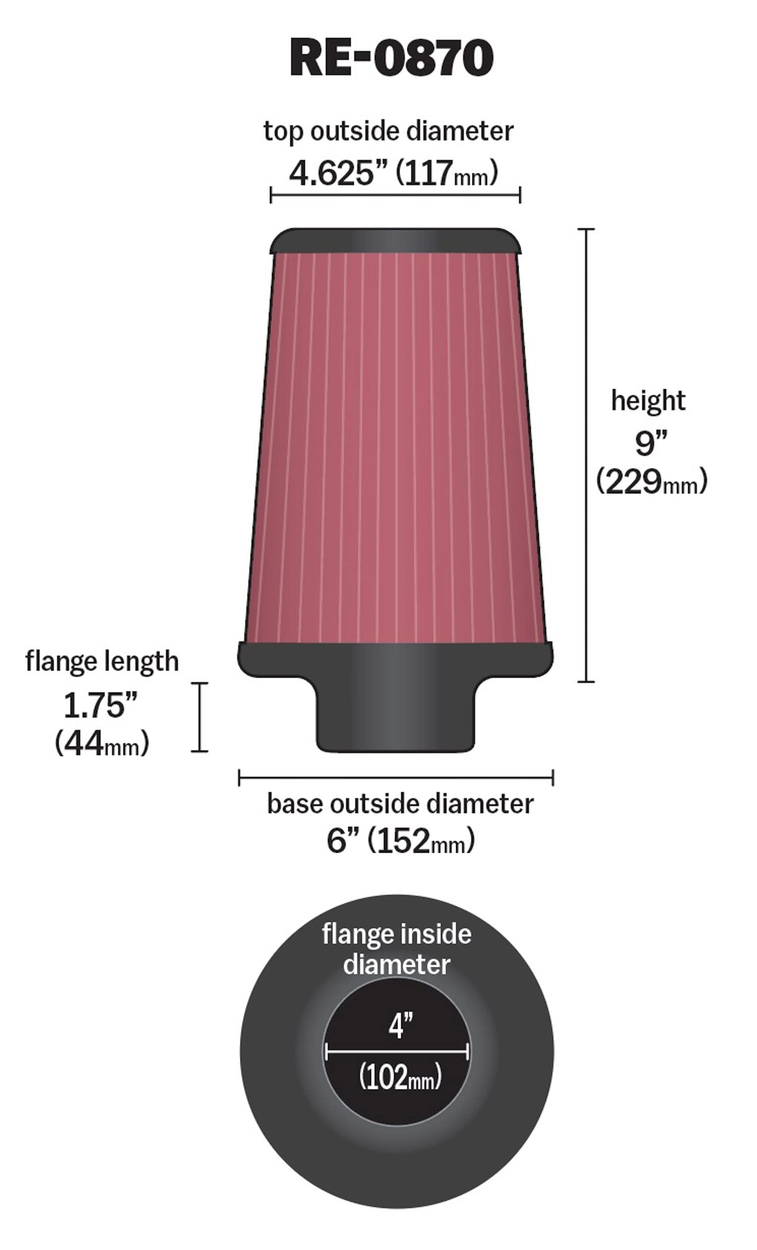 K&N RE-0870 side profile emphasizing aerodynamic tapered shape advantage