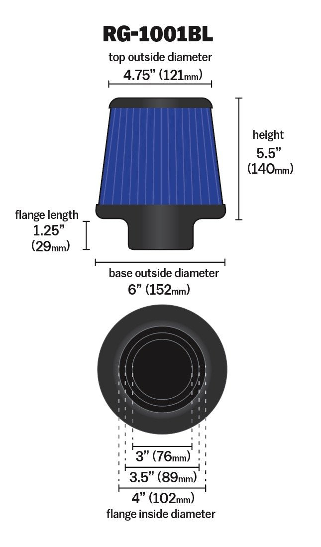 K&N RG-1001BL next to ruler showing exact flange and height for fitment