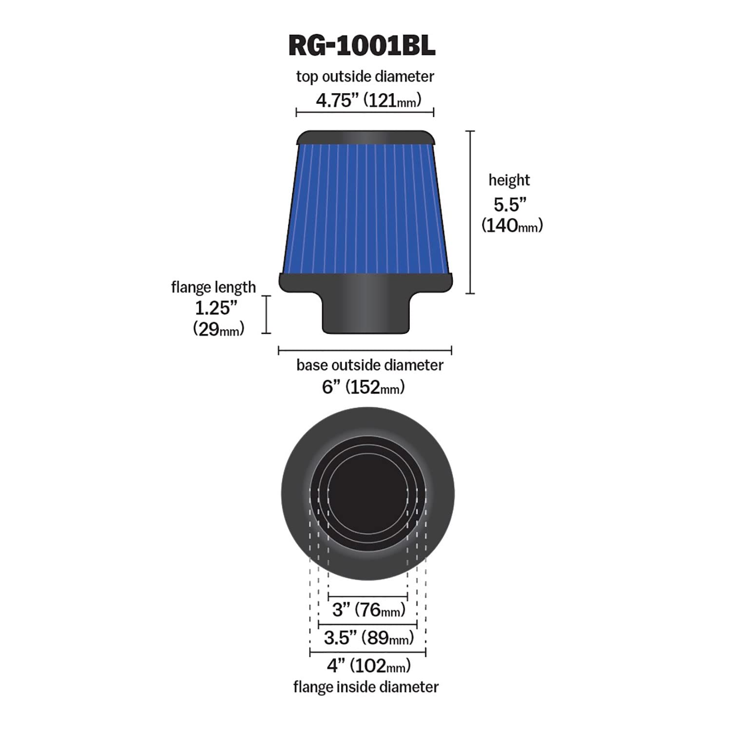 K&N RG-1001BL top view illustrating filter opening and performance benefit
