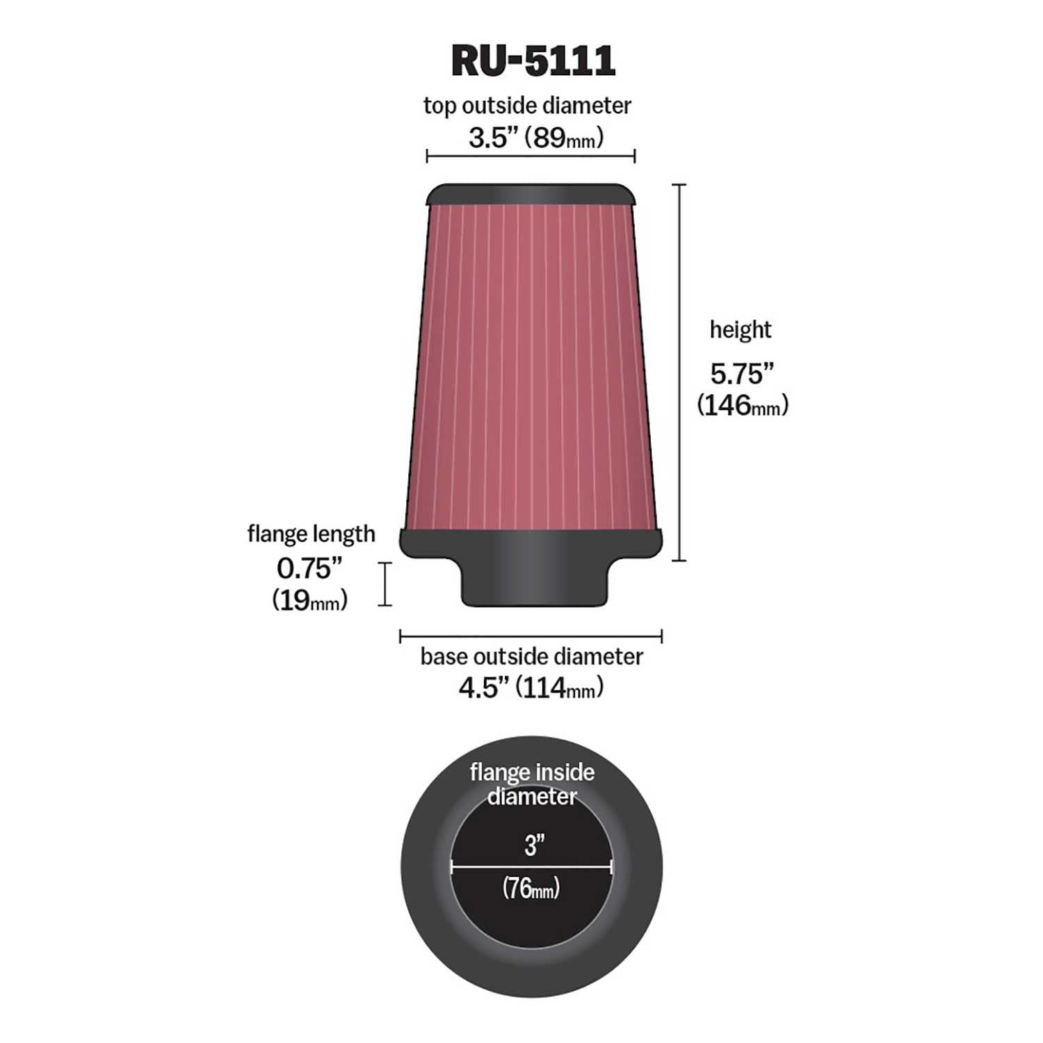 K&N RU-5111 side profile highlighting tapered design for improved airflow