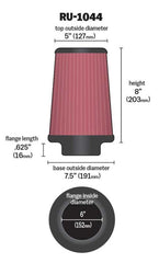 K&N RU-1044 side profile highlighting tapered design and airflow advantage