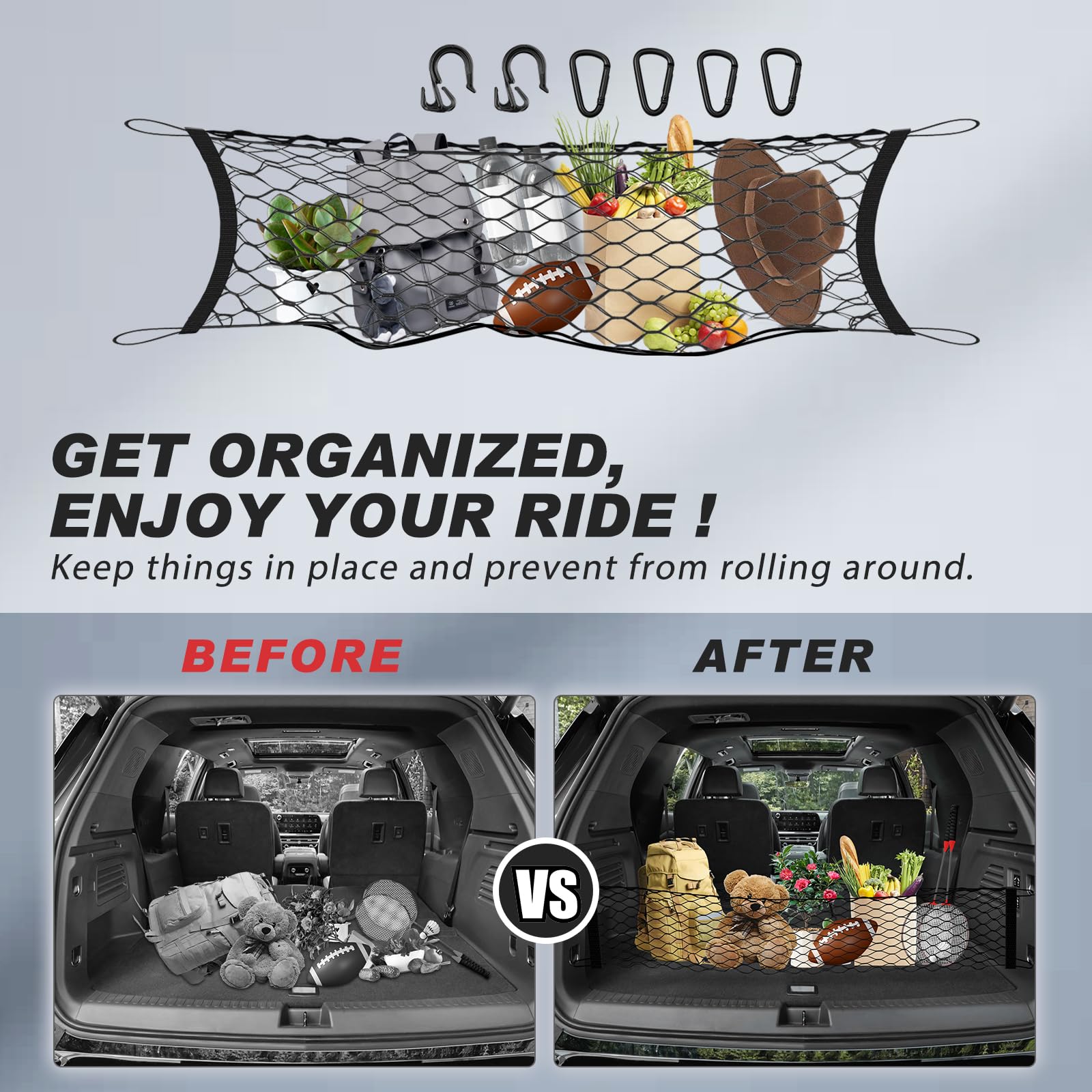 Karltys net holding groceries, keeps items upright and organized