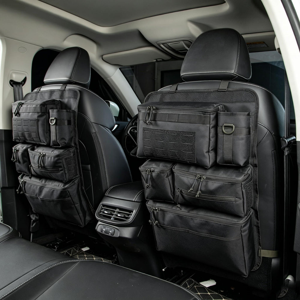Katadem organizer installed in car with person for scale and fit clarity