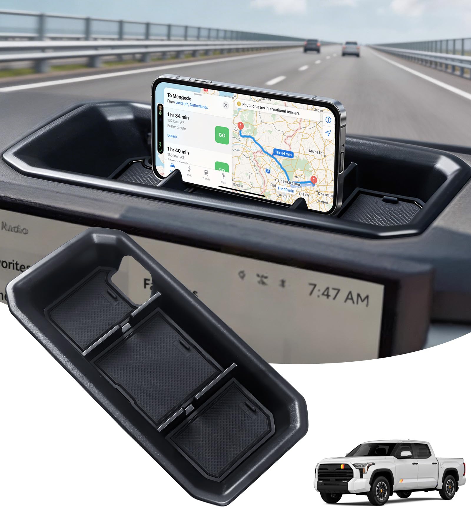 Katorn dashboard tray front view showing tidy storage benefit
