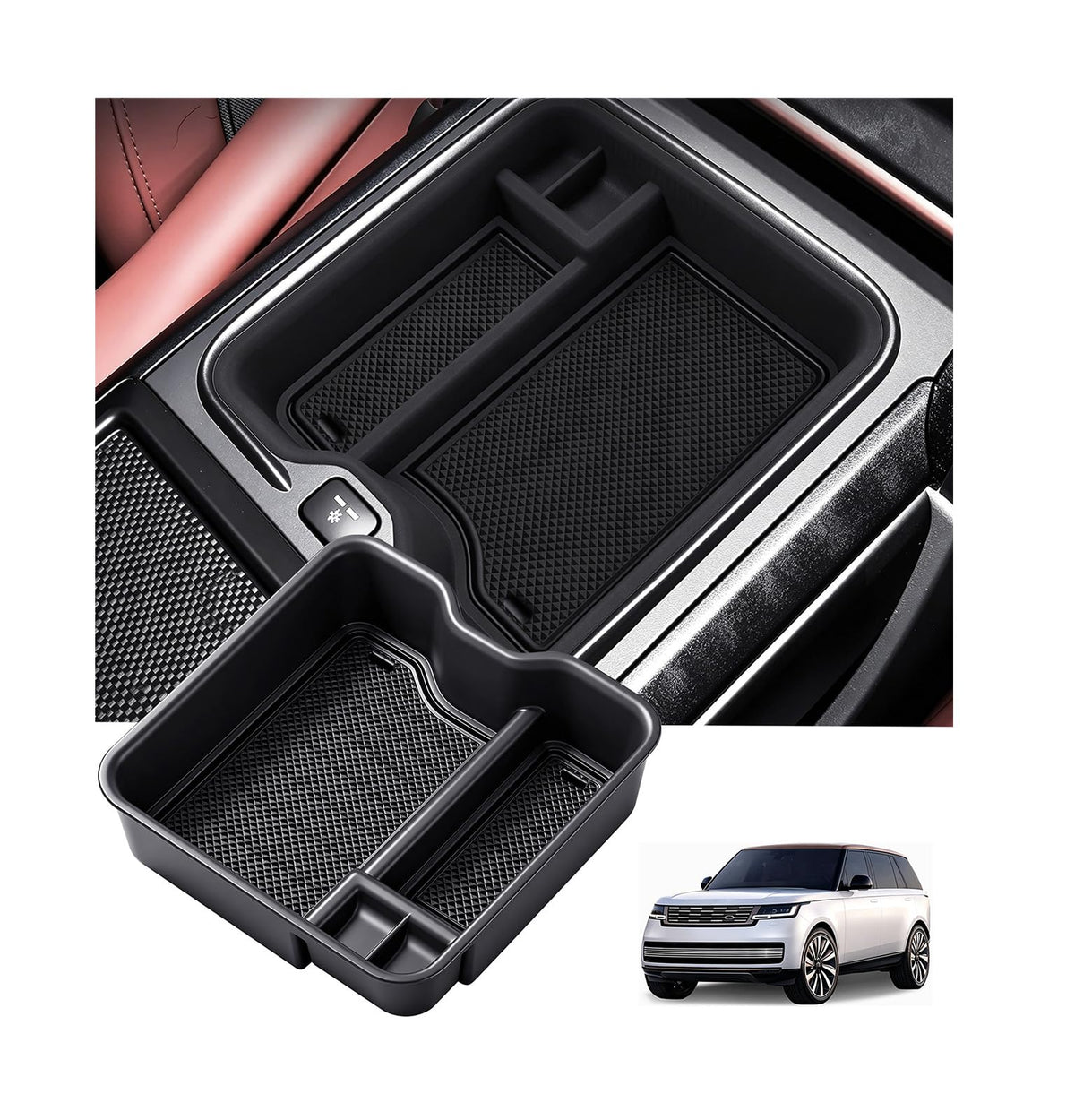 Katorn front view of console organizer showing clean fit and improved storage