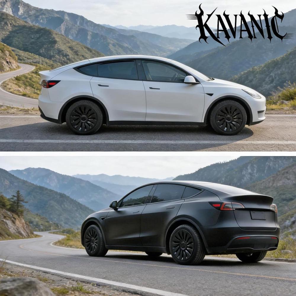 KAVANIC hubcaps on a Model Y driving in the city showcasing stealthy, sporty appearance